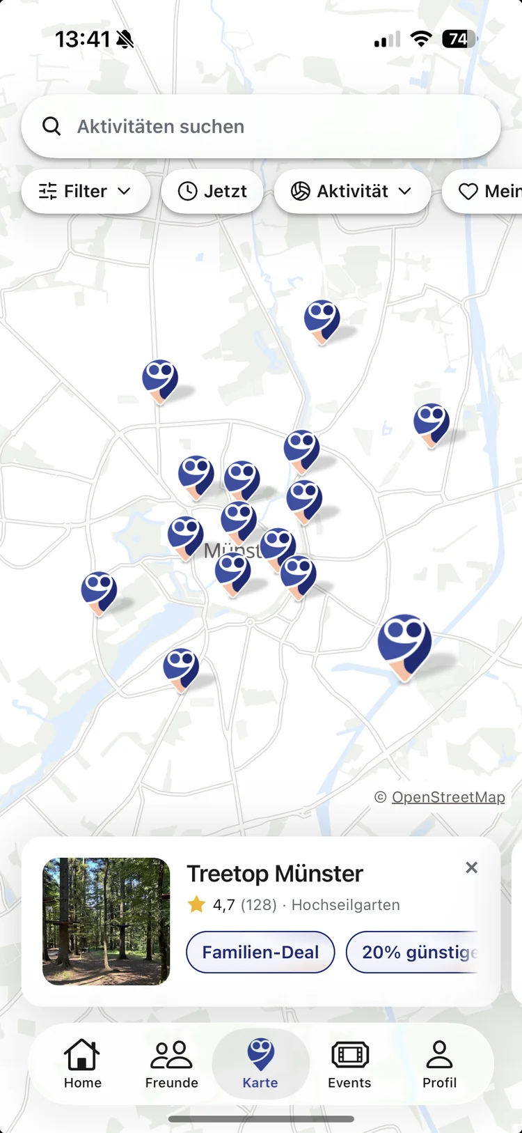 ViaLocal-App: Karte von Münster mit Partnern, unten Treetop Münster mit Familien-Deal